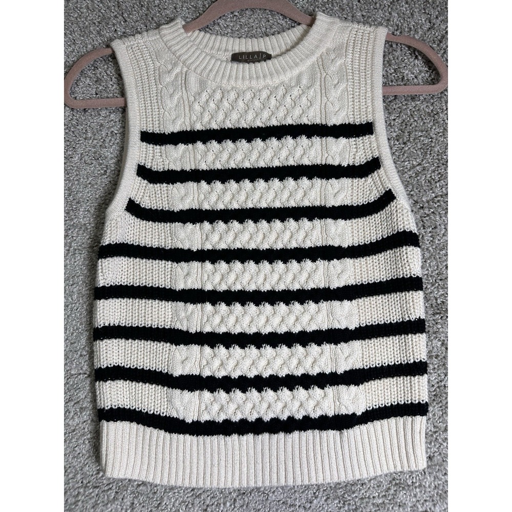 Lilla P Sweater Vest XS Cream Black Stripe Knit Sleeveless Cotton Blend